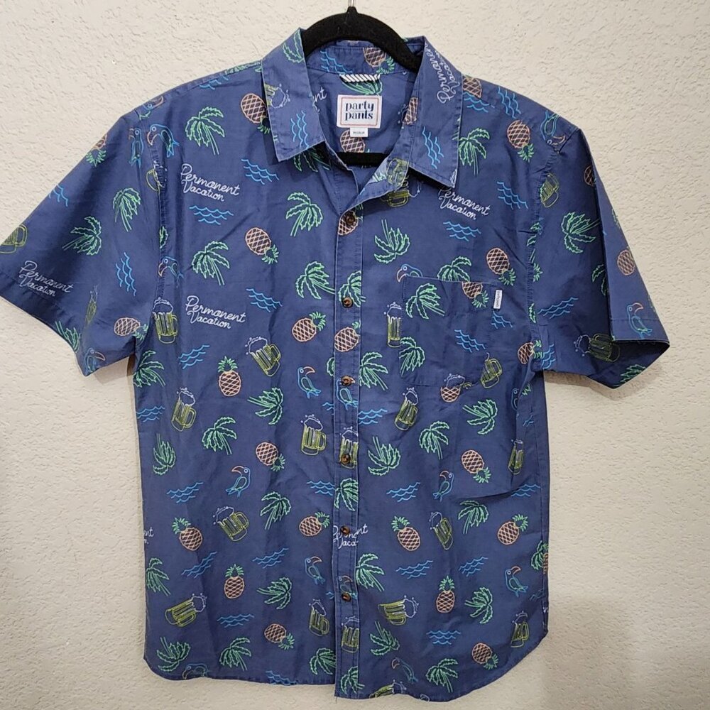 Party Pants Mens Medium Hawaiian Vacation-Themed Short Sleeve Button-Up Shirt mi